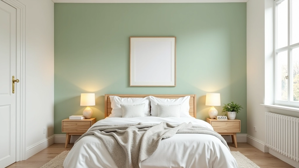 Modern bedroom with one accent wall painted in deep blue tone
