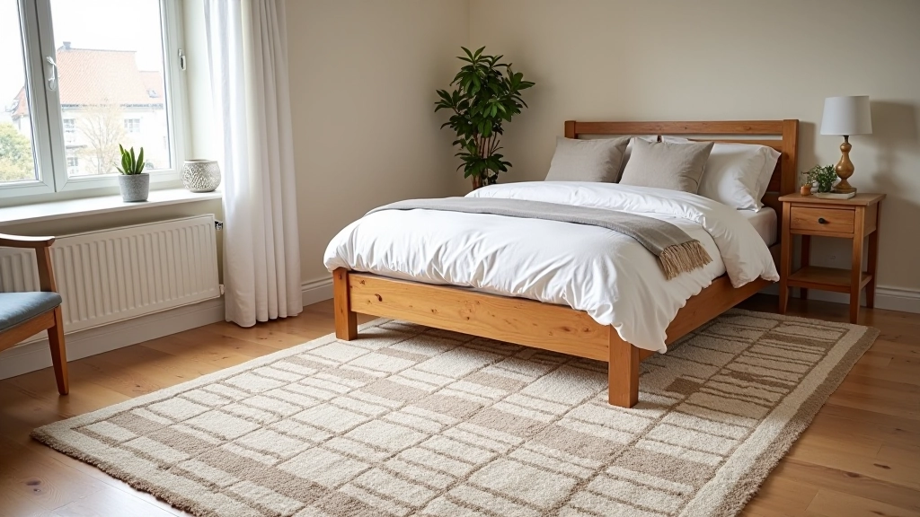 Bedroom with two layered rugs showing natural jute base and patterned runner rug on top