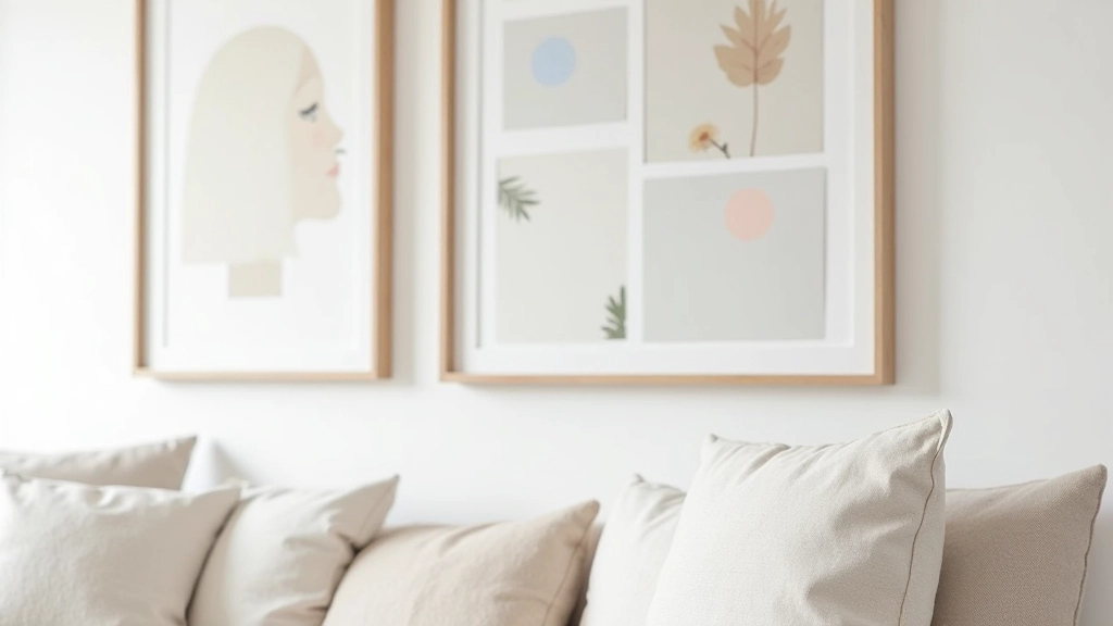 Detailed view of professionally arranged gallery wall displaying mounting techniques