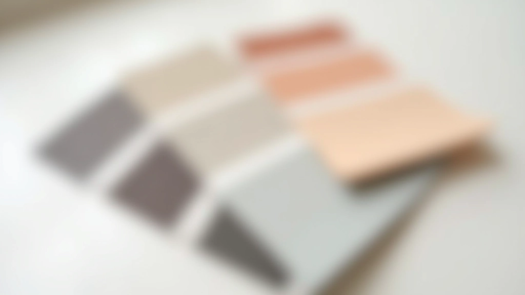 Close-up of paint swatches in various muted colors arranged on white surface, showing color options for accent walls