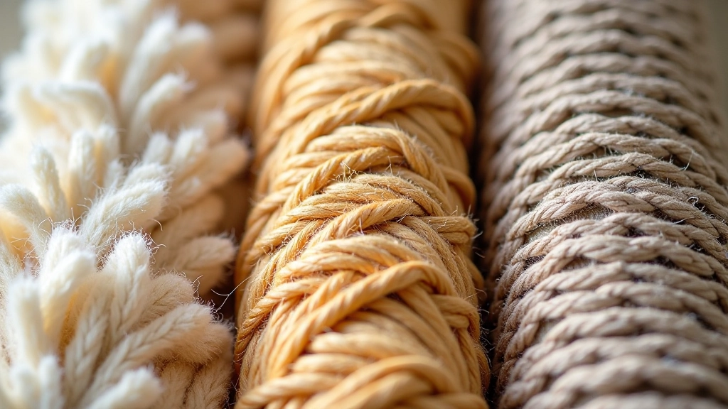 Close-up texture comparison of different rug materials showing wool, jute, and synthetic fibers