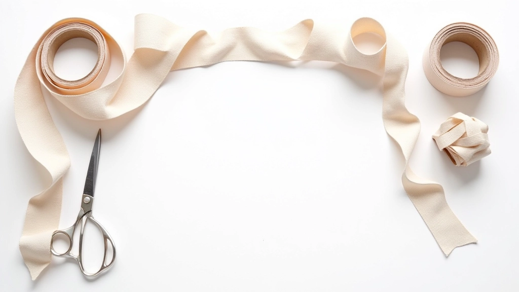 Collection of decorative trims, ribbons, and piping tape arranged on white background with scissors, bright studio lighting