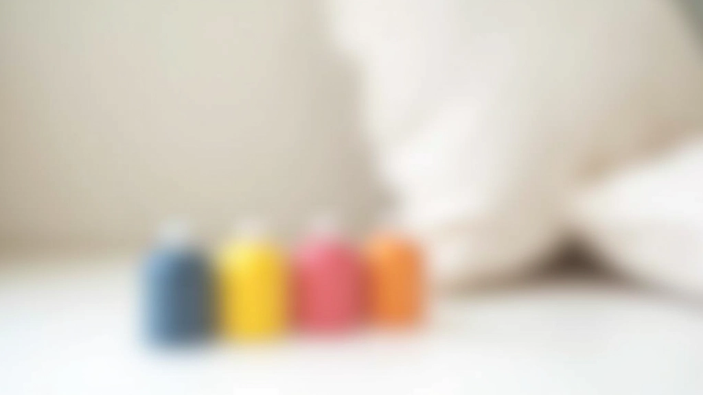 Colorful fabric dye bottles arranged on white surface with white cushion cover nearby, bright studio lighting