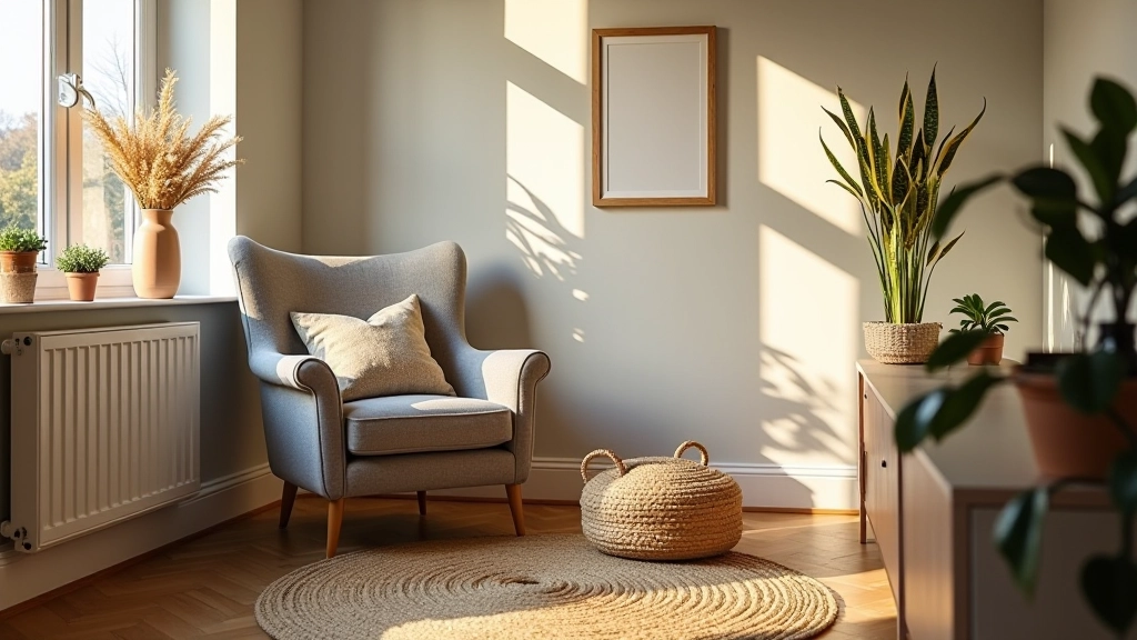 Cosy living room corner with a natural jute rug and layered throw blanket on a grey armchair, warm afternoon sunlight