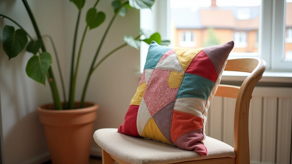 Patchwork cushion with colorful fabric squares arranged geometrically, displayed on wooden chair in bright living room