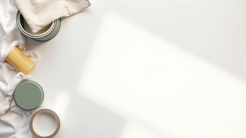 Supplies laid out for wall painting including painter's tape, spackling compound, primer, and paint rollers on drop cloth