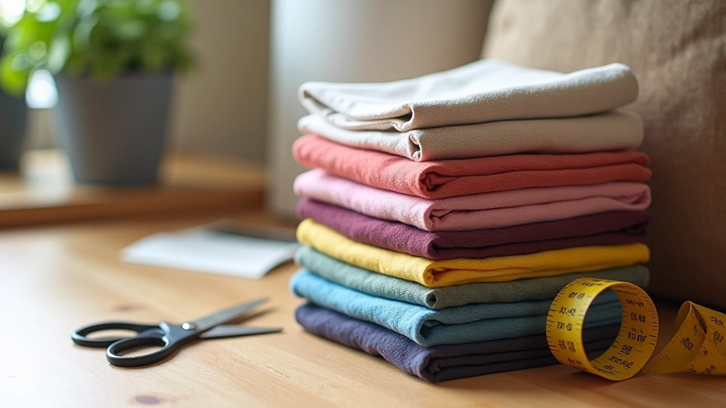 Folded colorful fabric swatches stacked on wooden surface, scissors and measuring tape nearby, natural lighting, clean composition