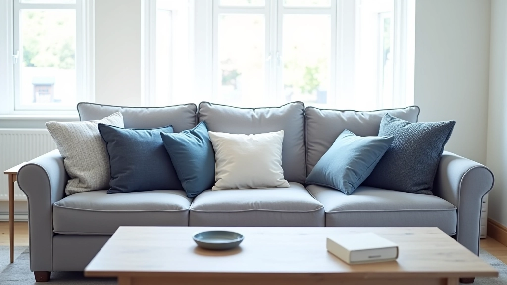 Assorted cushions in various patterns arranged on grey sofa