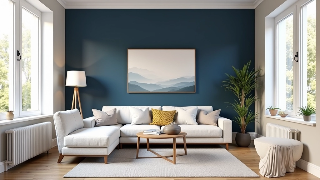Living room with accent wall in deep navy blue, demonstrating color impact and proper wall selection for visual depth