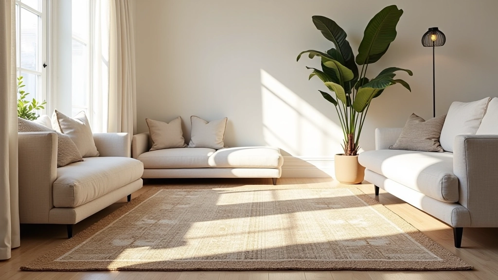 Layered rugs in neutral tones creating defined seating area
