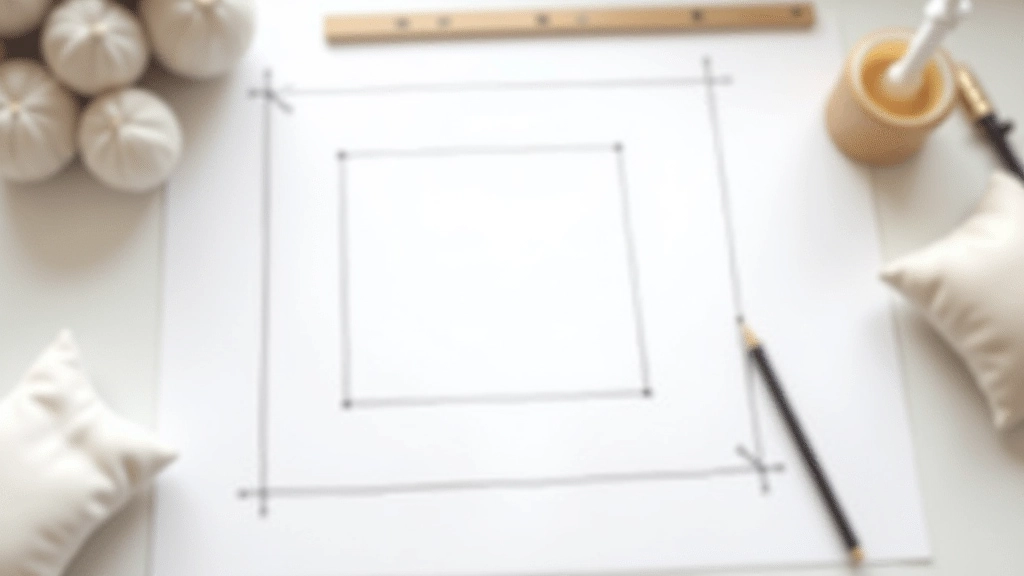 Grid layout showing gallery wall arrangement with varied frame sizes and spacing calculations marked