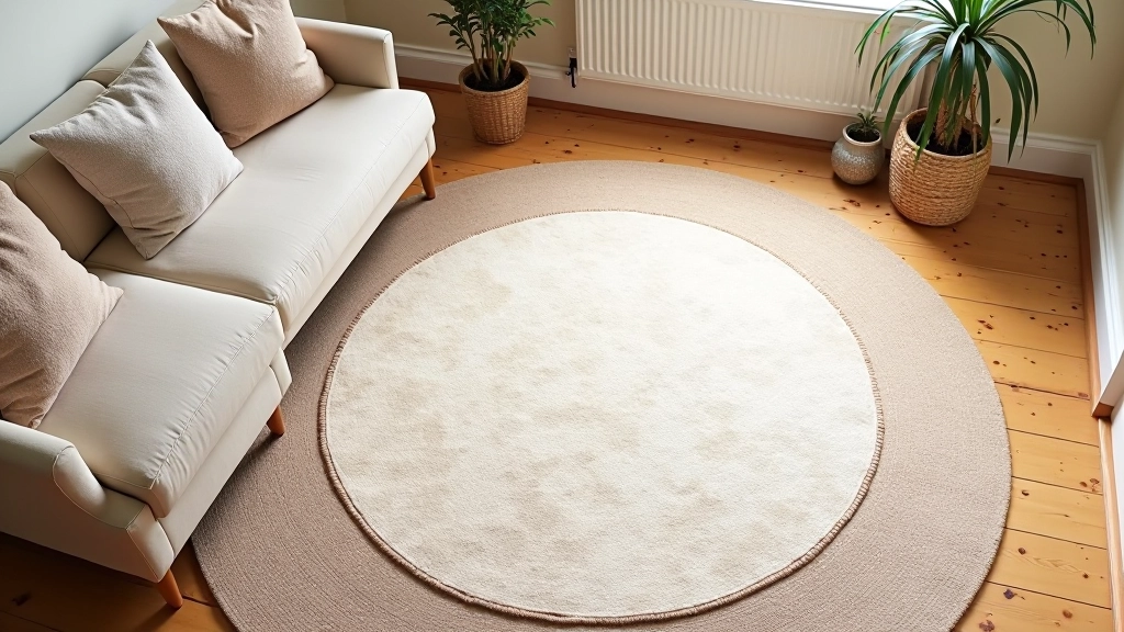 Modern living room with layered area rugs in neutral and warm tones creating visual interest