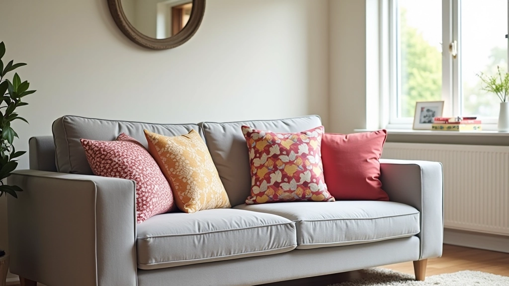 Cozy living room corner with colorful patterned cushions on a gray sofa
