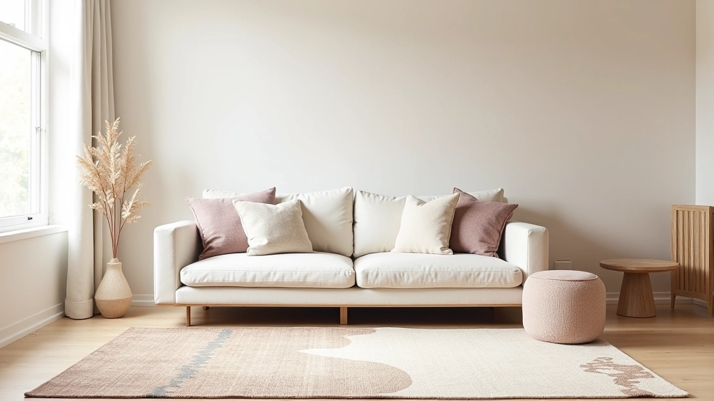 Cozy living room with layered rugs and patterned cushions on a sofa