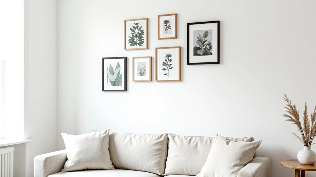 Gallery wall with framed art arranged in asymmetrical pattern