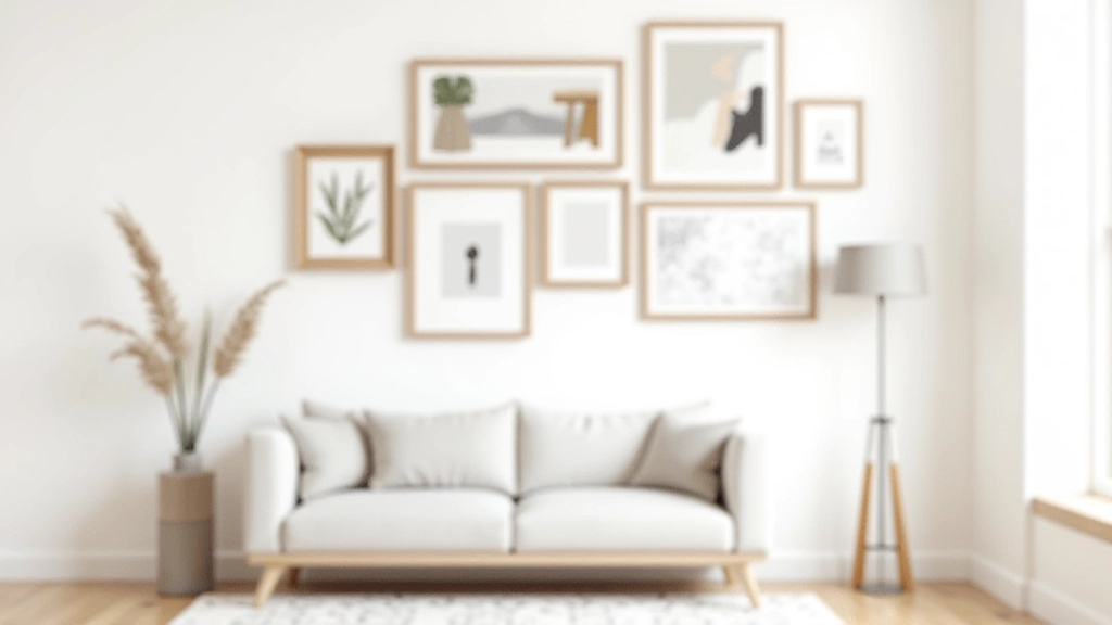 Gallery wall with diverse framed artwork arranged on a white wall