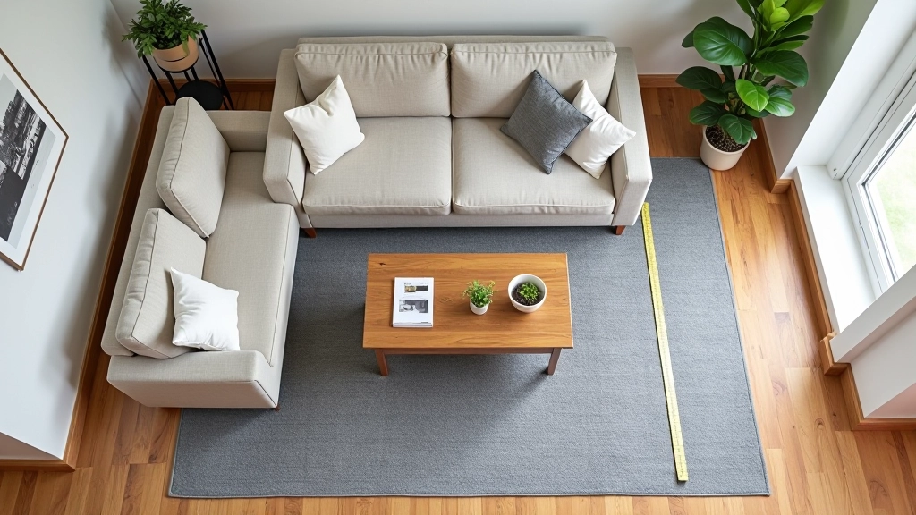 Overhead view of living room showing rug placement with furniture arrangement and measurement guide