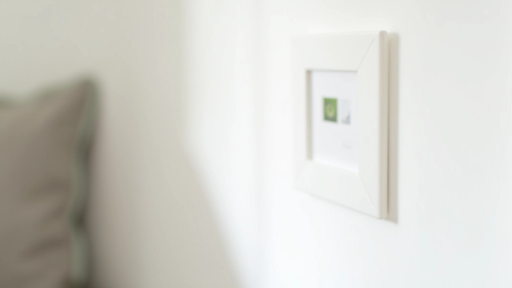 Close-up of damage-free adhesive strip mounted on white wall with framed artwork hanging