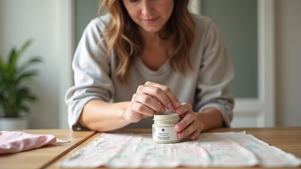 Hands holding fabric paint bottle over white linen cushion, paintbrush nearby on wooden table, natural window lighting